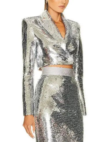 Pagett Silver Sequin Cropped Blazer and Skirt Set - Suits & Sets