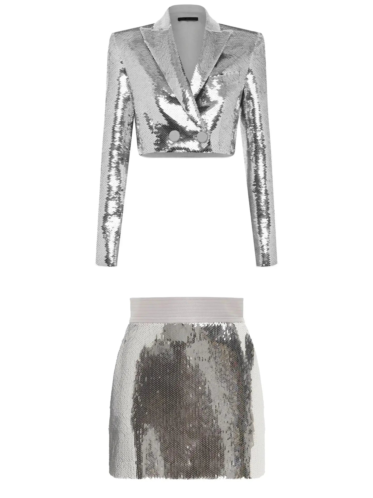 Pagett Silver Sequin Cropped Blazer and Skirt Set - x-large - Suits & Sets