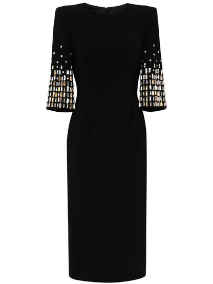 Paillette Half-Sleeve Black Midi Dress - Dresses