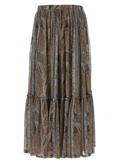 Paisley Print Pleated Long Silk Skirt - Skirts