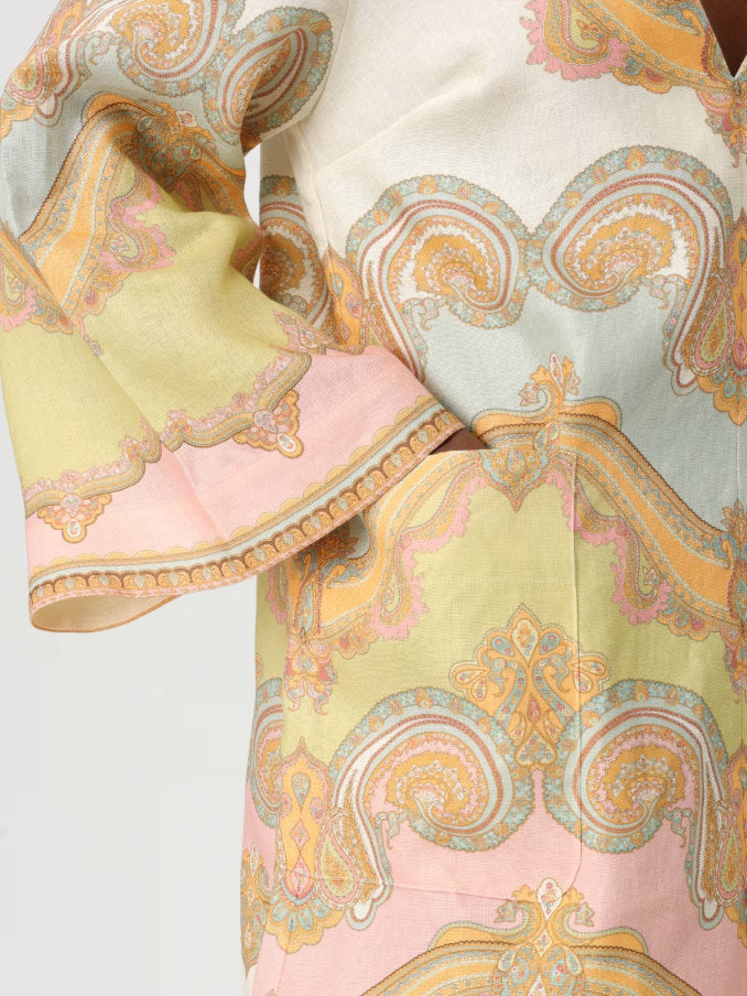 Paisley Printed V-Neck Linen Short Tunic Dress - Dresses
