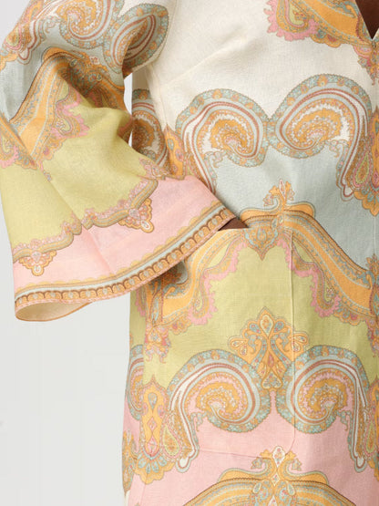 Paisley Printed V-Neck Linen Short Tunic Dress - Dresses