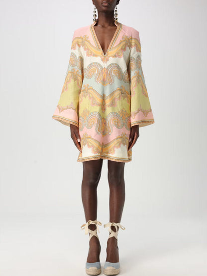 Paisley Printed V-Neck Linen Short Tunic Dress - Dresses