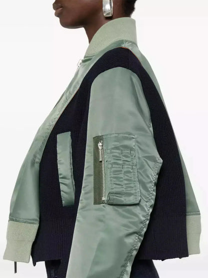 Paneled Bomber Jacket in Army Green and Navy Blue - Jackets