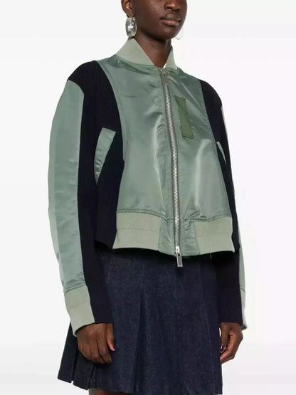 Paneled Bomber Jacket in Army Green and Navy Blue - Jackets