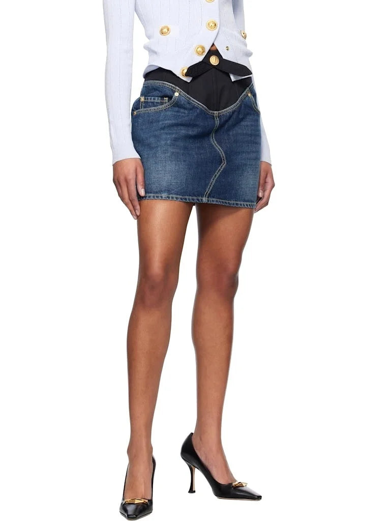 Paneled Denim Color-Contrast Mini Skirt - Skirts