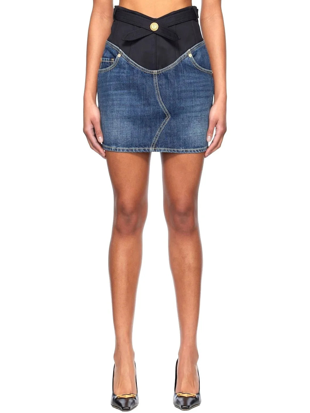 Paneled Denim Color-Contrast Mini Skirt - Small - Skirts