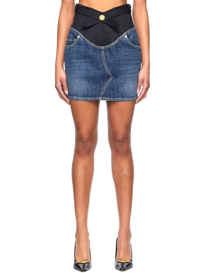 Paneled Denim Color-Contrast Mini Skirt - Small - Skirts