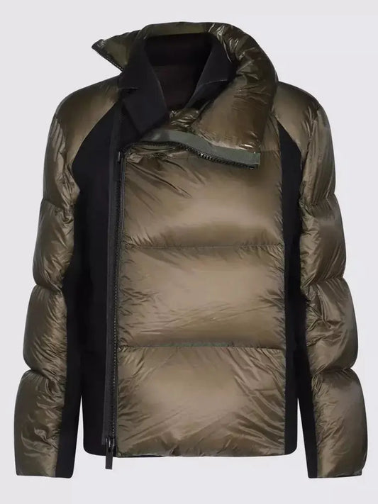 Paneled Feather Down Jacket in Olive Green and Black - Jackets