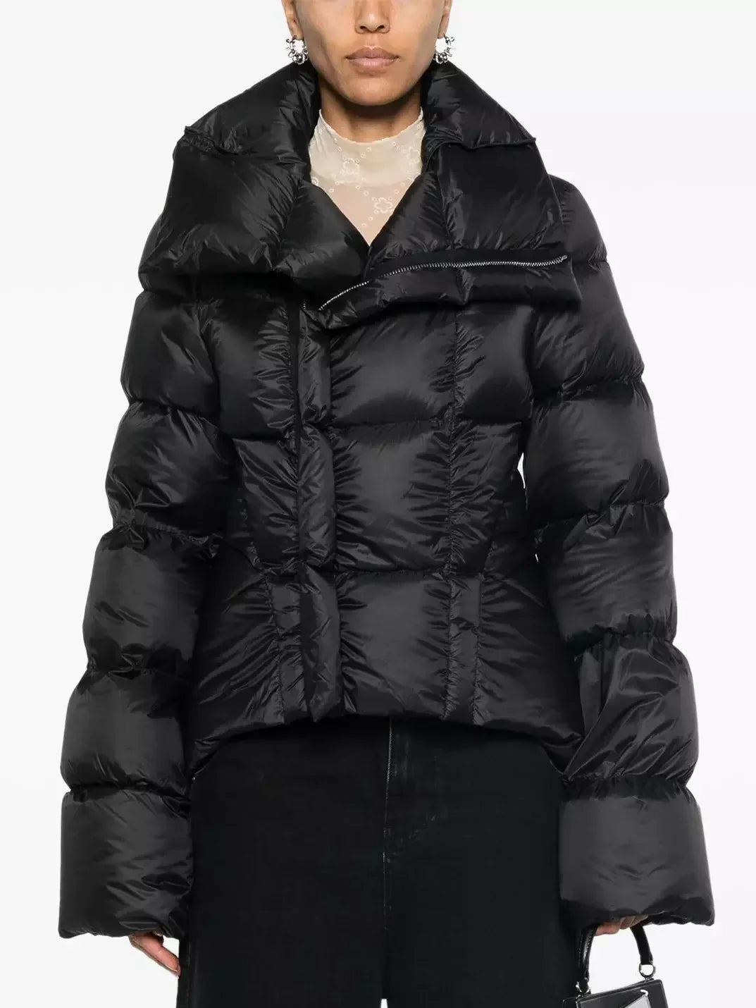 Paneled Funnel-Neck Puffer Jacket with Back Flap - Jackets