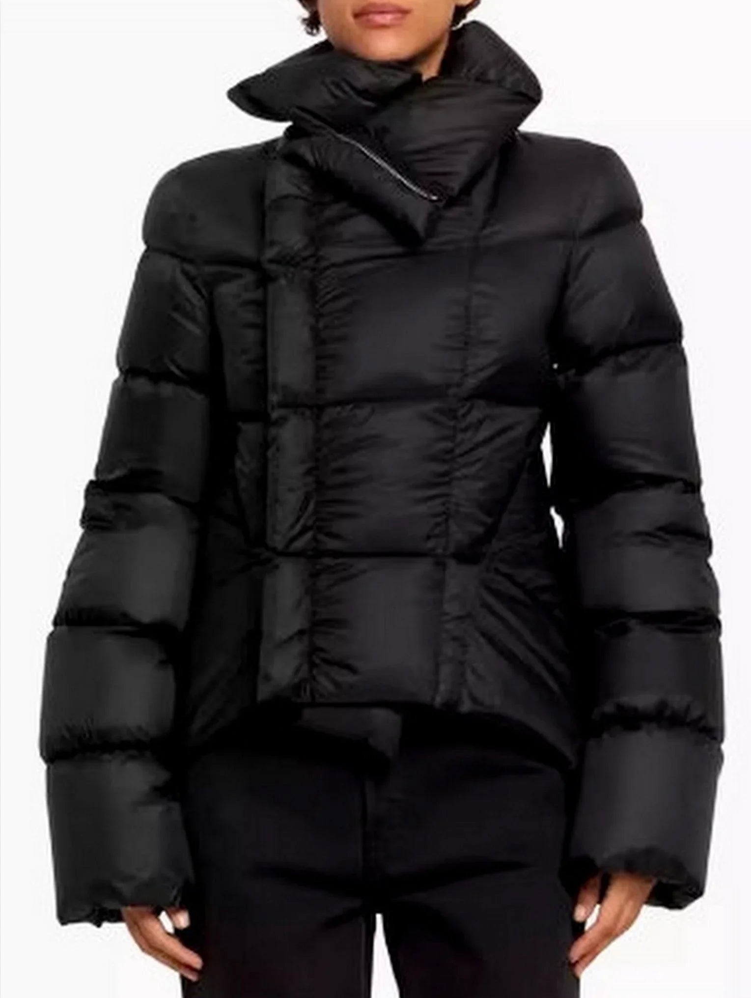 Paneled Funnel-Neck Puffer Jacket with Back Flap - Jackets