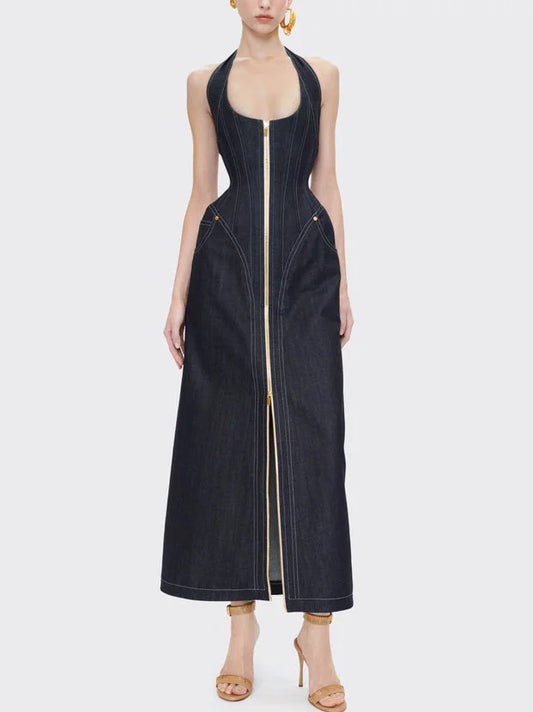 Paneled Hourglass Denim Halter Maxi Dress - One size - Dresses