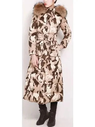 Paneled Puffer Coat with Removable Fur Camouflage - Coats