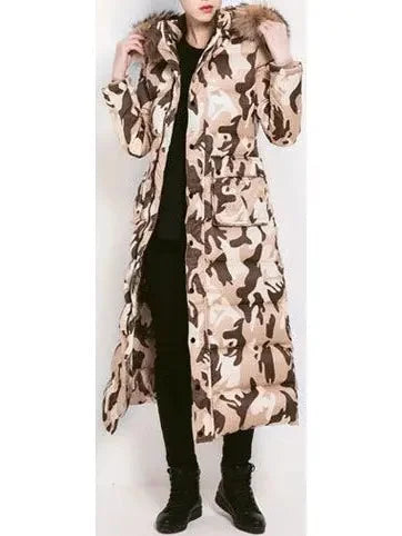 Paneled Puffer Coat with Removable Fur Camouflage - Coats