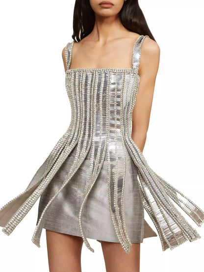 Paneled Silver Mirror Sequin Mini Dress - Dresses