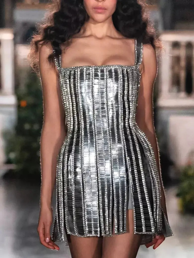 Paneled Silver Mirror Sequin Mini Dress - Dresses