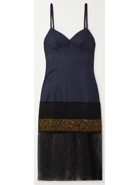 Paneled Striped Crepe and Mesh Midi Dress - small - Dresses