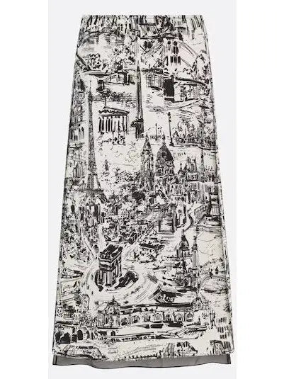 Paris Allover Printed White and Black Flared Mid-Length Skirt - s - Skirts