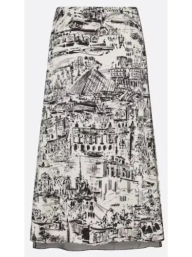 Paris Allover Printed White and Black Flared Mid-Length Skirt - Skirts