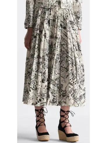 Paris Printed White and Black Cotton Pleated Mid-Length Skirt - Skirts