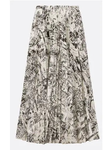 Paris Printed White and Black Cotton Pleated Mid-Length Skirt - Skirts