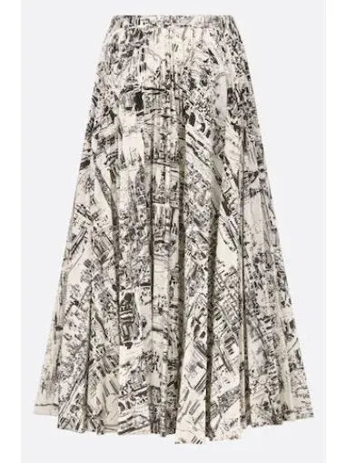 Paris Printed White and Black Cotton Pleated Mid-Length Skirt - Skirts