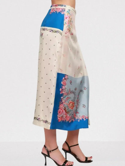 Patchwork Print Silk Wrap Midi Skirt - Skirts