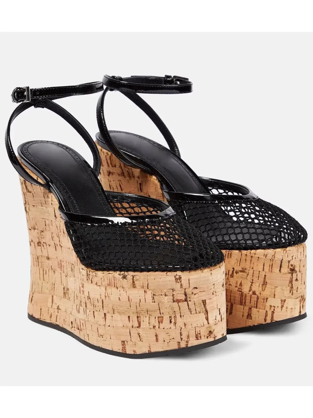 Patent Leather and Mesh Wedge Sandals in Black - Footwear