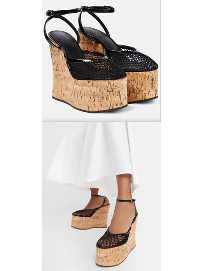 Patent Leather and Mesh Wedge Sandals in Black - Footwear