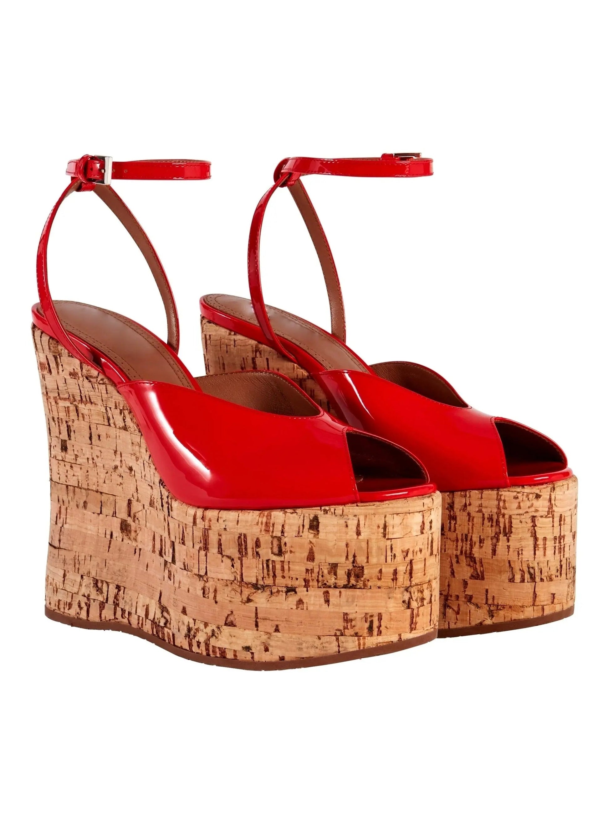 Patent Leather Peep-Toe Wedge Sandals in Red - Footwear