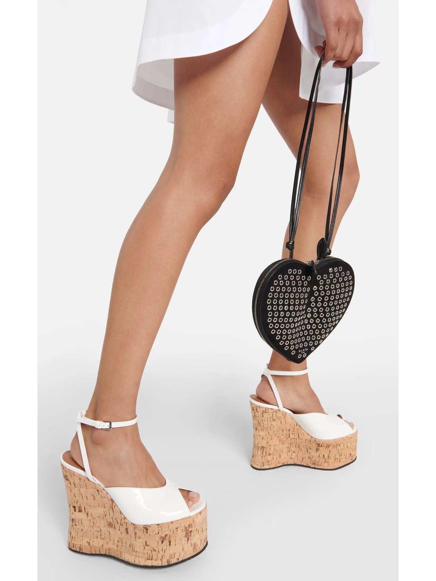 Patent Leather Peep-Toe Wedge Sandals in White - Footwear