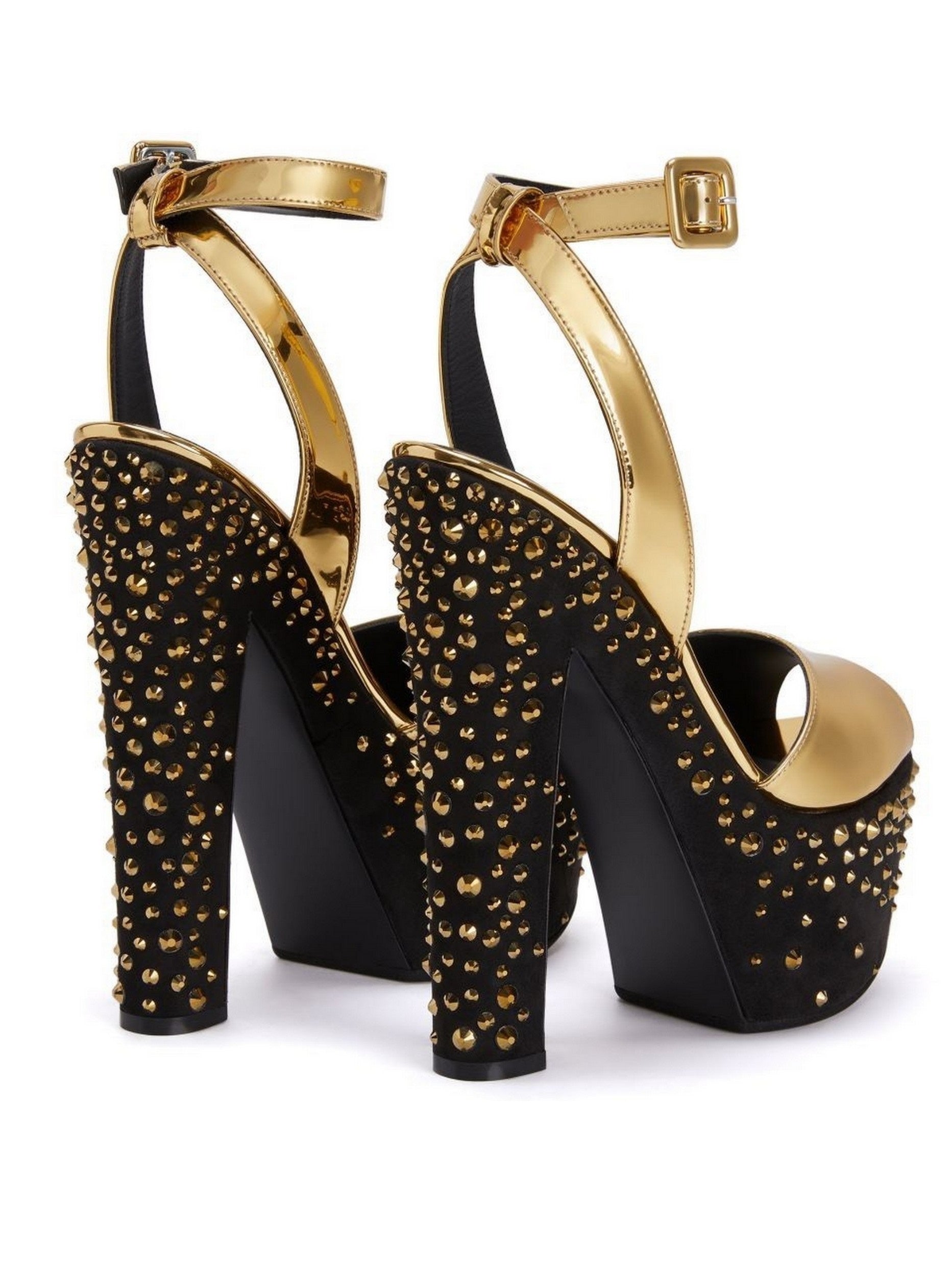 Patent Leather Studded Platform Sandals in Gold and Black with stylish studs and heels
