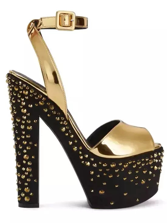 Gold and black patent leather studded platform sandals featuring chic metallic accents
