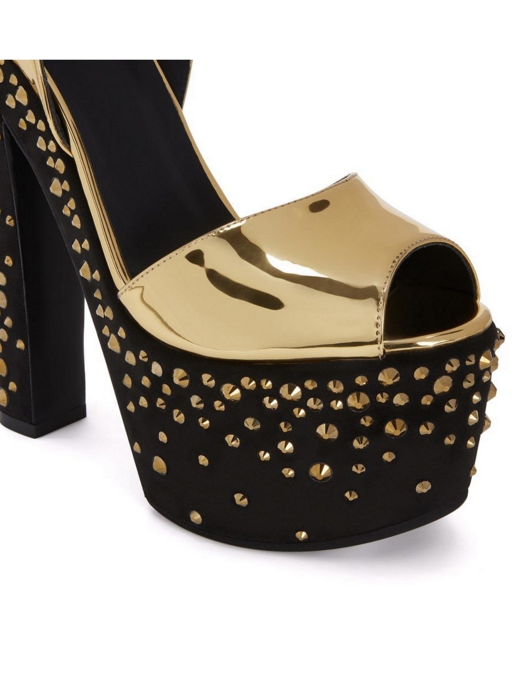 Gold and black patent leather studded platform sandals with eye-catching studs