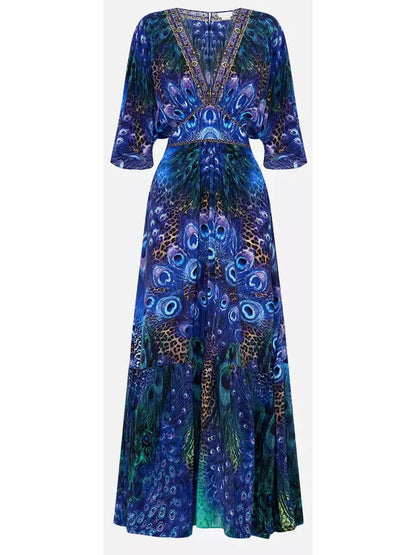 Peacock Rock Waisted Dress with Hem Ruffle - Dresses