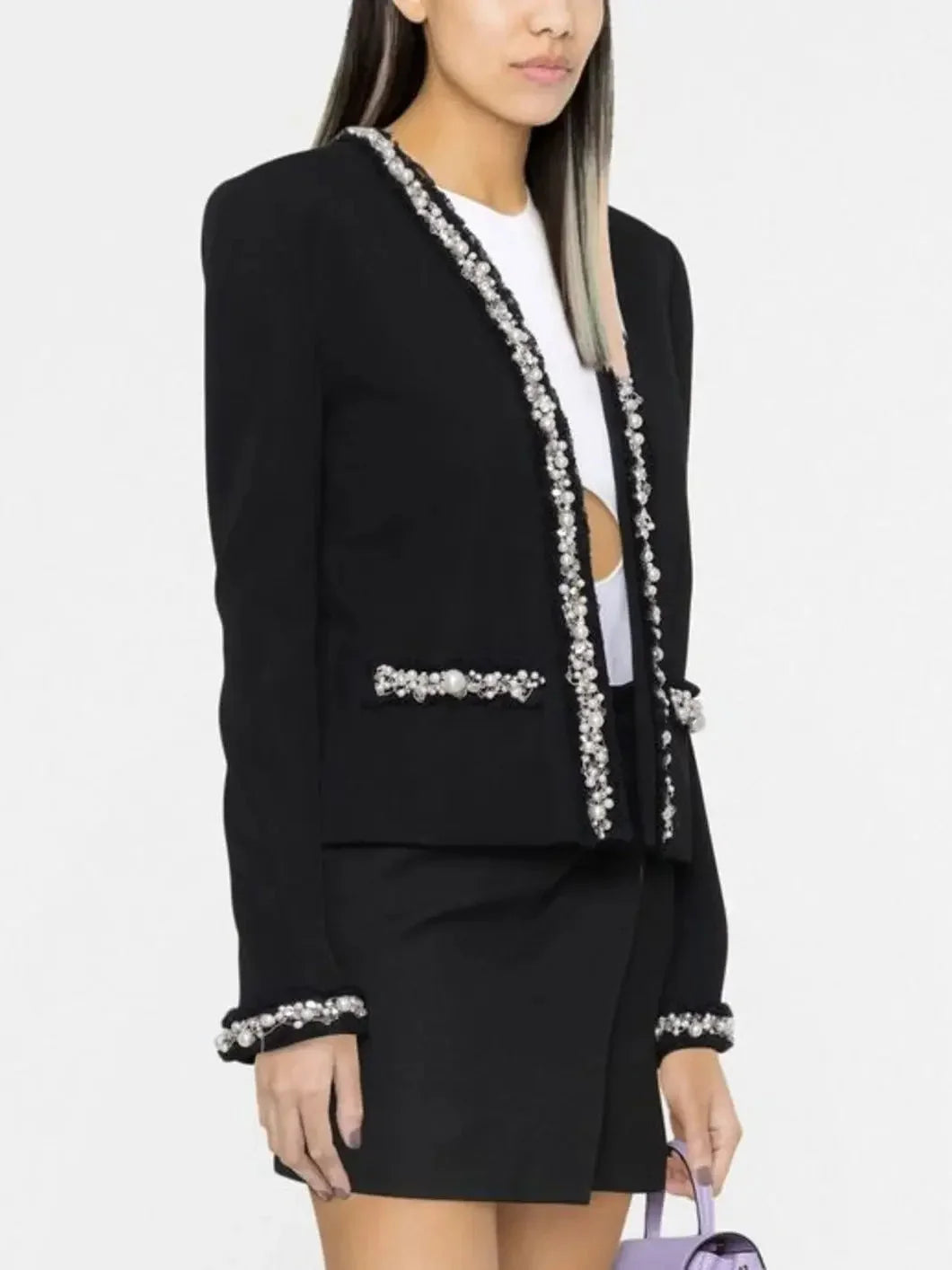 Pearl and Chain Trim Wool-Blend Black Cardigan-Jacket - Jackets