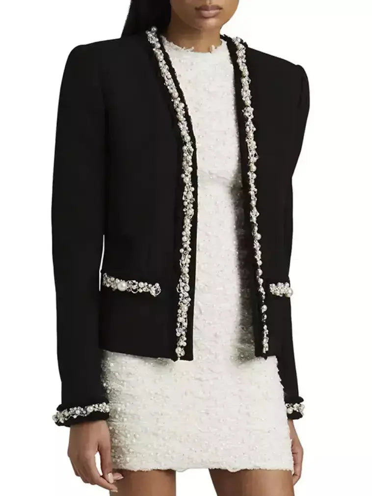 Pearl and Chain Trim Wool-Blend Black Cardigan-Jacket - Jackets