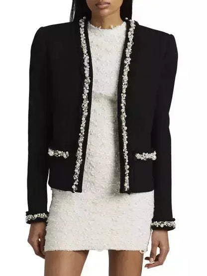 Pearl and Chain Trim Wool-Blend Black Cardigan-Jacket - Jackets