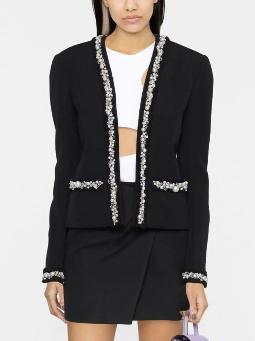 Pearl and Chain Trim Wool-Blend Black Cardigan-Jacket - Jackets