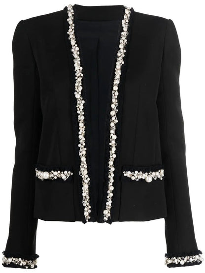 Pearl and Chain Trim Wool-Blend Black Cardigan-Jacket - Jackets