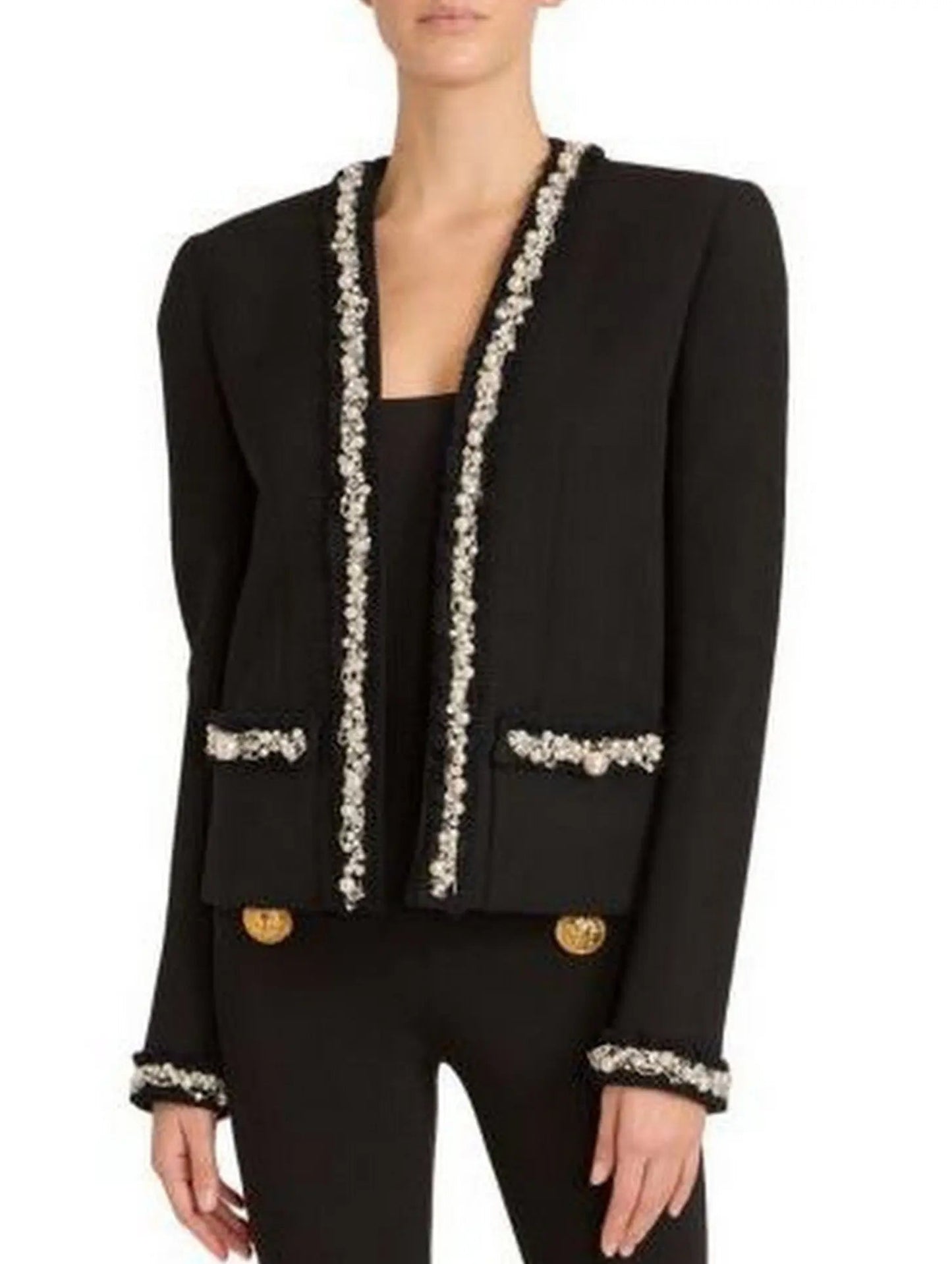 Pearl and Chain Trim Wool-Blend Black Cardigan-Jacket - Jackets