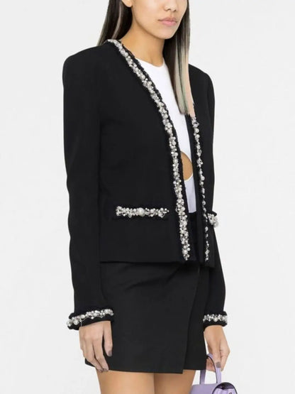 Pearl and Chain Trim Wool-Blend Black Cardigan-Jacket - Jackets