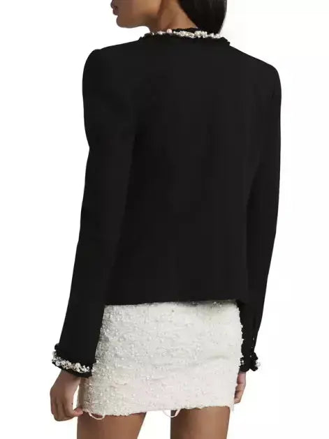 Pearl and Chain Trim Wool-Blend Black Cardigan-Jacket - Jackets