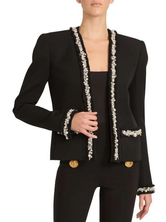 Pearl and Chain Trim Wool-Blend Black Cardigan-Jacket - Jackets