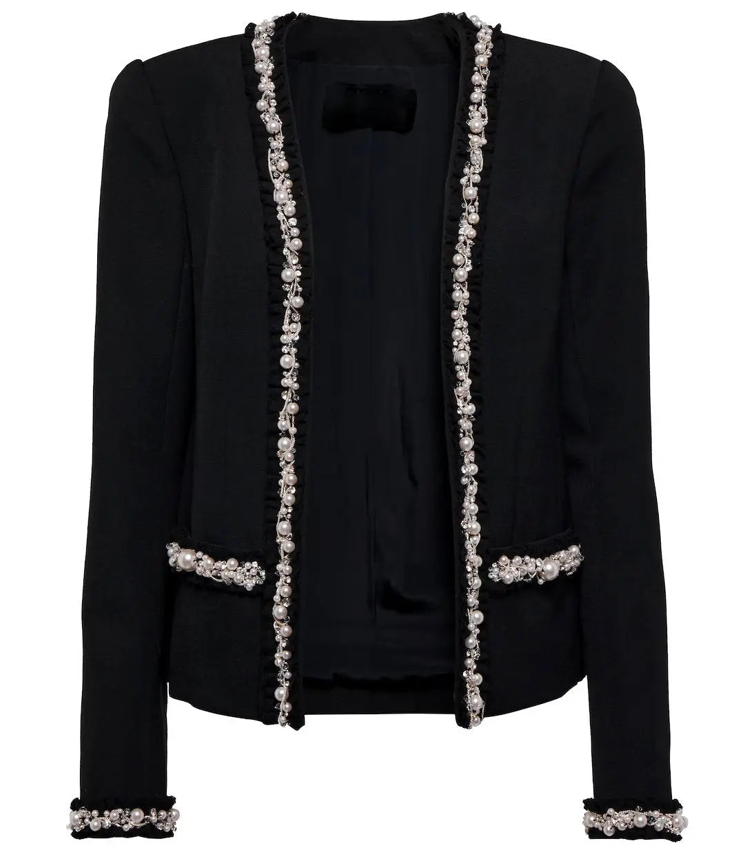 Pearl and Chain Trim Wool-Blend Black Cardigan-Jacket - Jackets