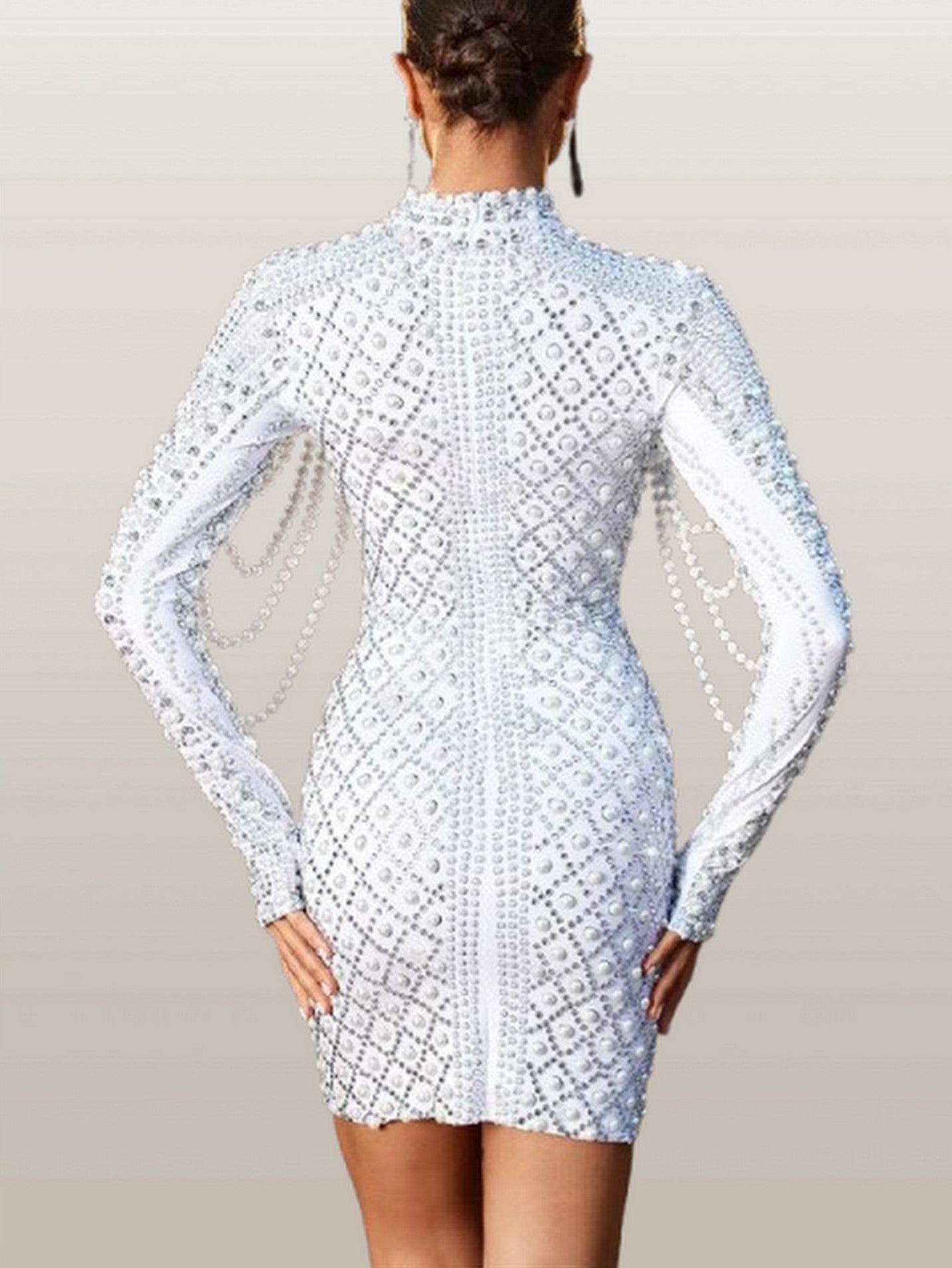 Pearl and Crystal Embellished High-Neck Mini Dress - Dresses