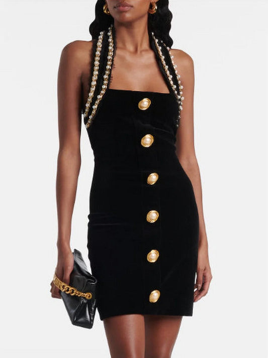 Pearl-Button Black Velvet Halter Mini Dress - Dresses