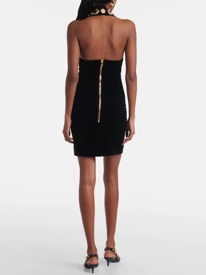 Pearl-Button Black Velvet Halter Mini Dress