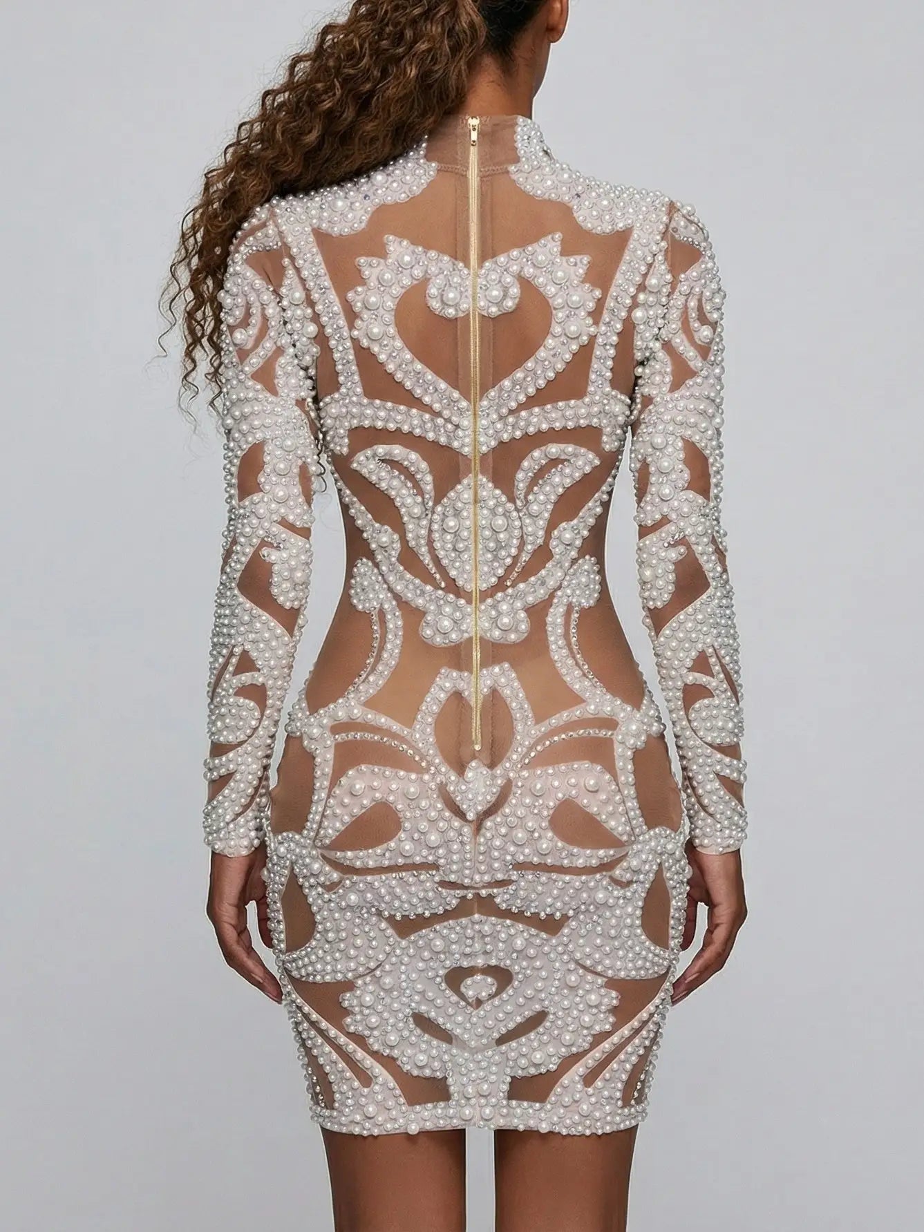 Pearl-Embellished Sheer Long-Sleeve Mini Dress - Dresses