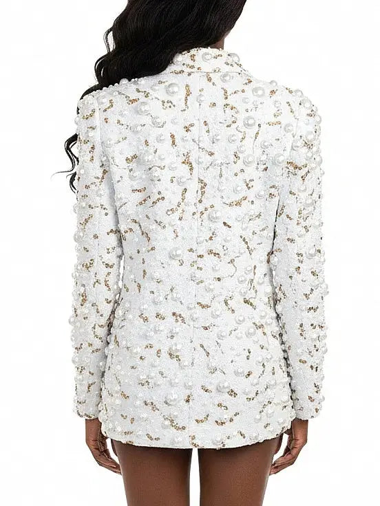 Pearl & Gold Beaded White Tailored Blazer - Jackets